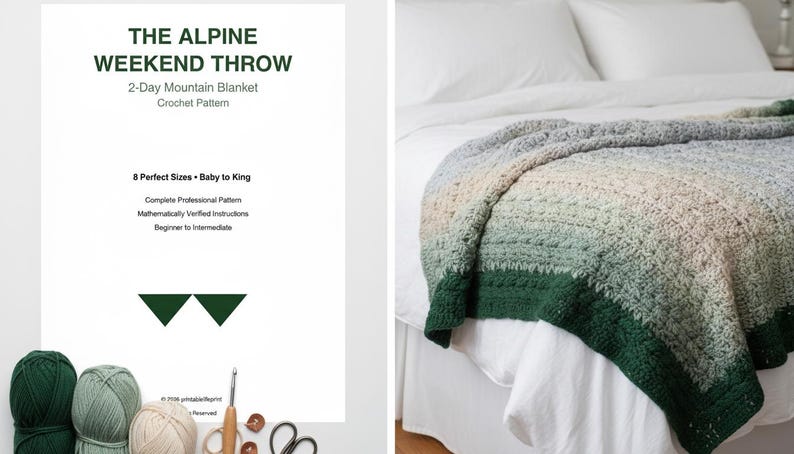 May include: A crocheted blanket in shades of green, gray, and cream, draped over a bed. The blanket has a textured pattern and a dark green border. The image also shows a pattern for "The Alpine Weekend Throw" blanket.