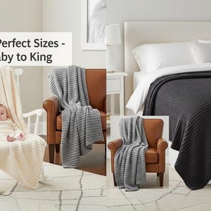 Eight different crotchet blanket sizes from baby lovey to king bed shown in cream and gray colors with textured crochet stitches