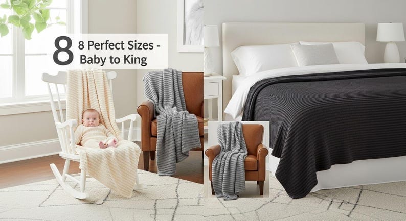 Eight different crotchet blanket sizes from baby lovey to king bed shown in cream and gray colors with textured crochet stitches