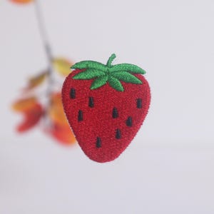 May include: Embroidered strawberry patch with a vibrant red body and green leaves. The patch features small black seeds and is likely for clothing or craft projects. The design is detailed and the colors are bright.