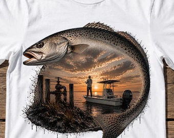 Saltwater Fishing Design | Trout Double Exposure PNG | Fisherman Sunset Boat Art | Coastal Fishing Sublimation | Digital Download | Angler