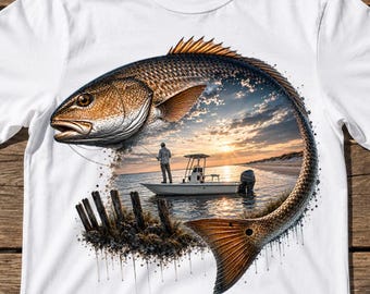 Saltwater Fishing Design | Redfish Double Exposure Png | Fisherman Sunset Boat Art | Coastal Fishing Sublimation | Digital Download | Angler
