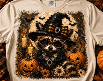 Halloween Glam Raccoon PNG | Witch Raccoon Shirt | Cute Halloween Raccoon Tee | Spooky Fall Graphic Shirt  PNG | Cottagecore Witch Raccoon