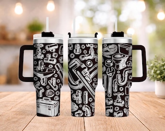 Plumbing Pattern Laser Tumbler Design | 40oz Tumbler Laser File SVG PNG PDF | Plumbing Tumbler Wrap | Pipe Wrench & Plumbing Tools Wrap
