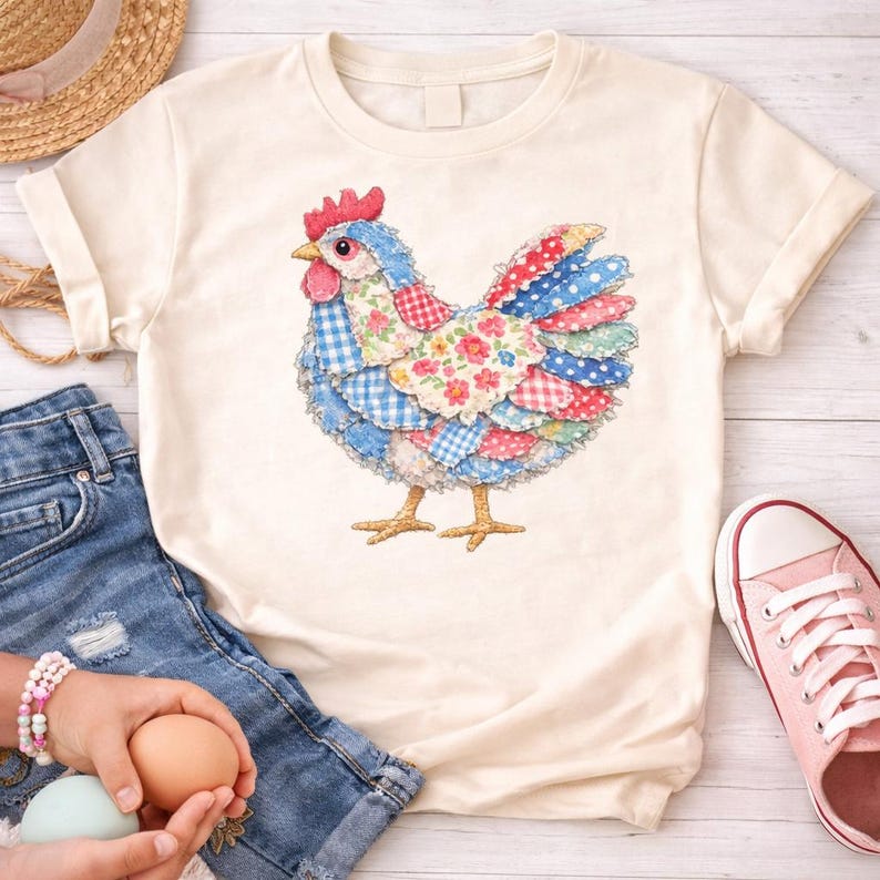 K&ouml;nnte beinhalten: Cremefarbenes T-Shirt mit einem bunten Patchwork-H&uuml;hnerdesign. Das Huhn hat einen roten Kamm und Kehllappen, mit blau, rot und floral gemusterten Federn. Das Shirt wird mit Jeansshorts und rosa Turnschuhen gezeigt.