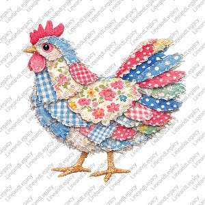 K&ouml;nnte beinhalten: Illustration eines bunten Patchwork-Huhns. Das Huhn hat einen roten Kamm und Kehllappen, der K&ouml;rper besteht aus Stoffresten in verschiedenen Mustern, darunter Karos, Tupfen und Blumenmuster. Das Huhn hat braune Beine und steht vor wei&szlig;em Hintergrund.