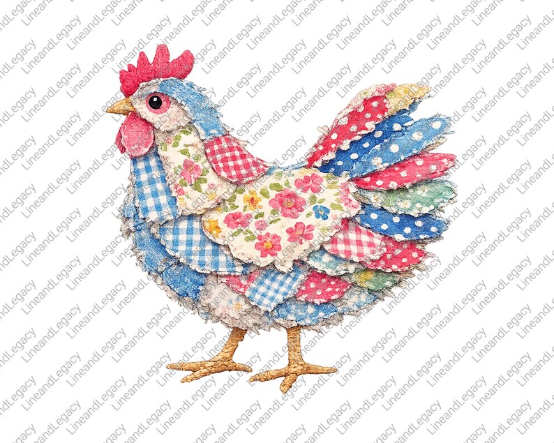 K&ouml;nnte beinhalten: Illustration eines bunten Patchwork-Huhns. Das Huhn hat einen roten Kamm und Kehllappen, der K&ouml;rper besteht aus Stoffresten in verschiedenen Mustern, darunter Karos, Tupfen und Blumenmuster. Das Huhn hat braune Beine und steht vor wei&szlig;em Hintergrund.