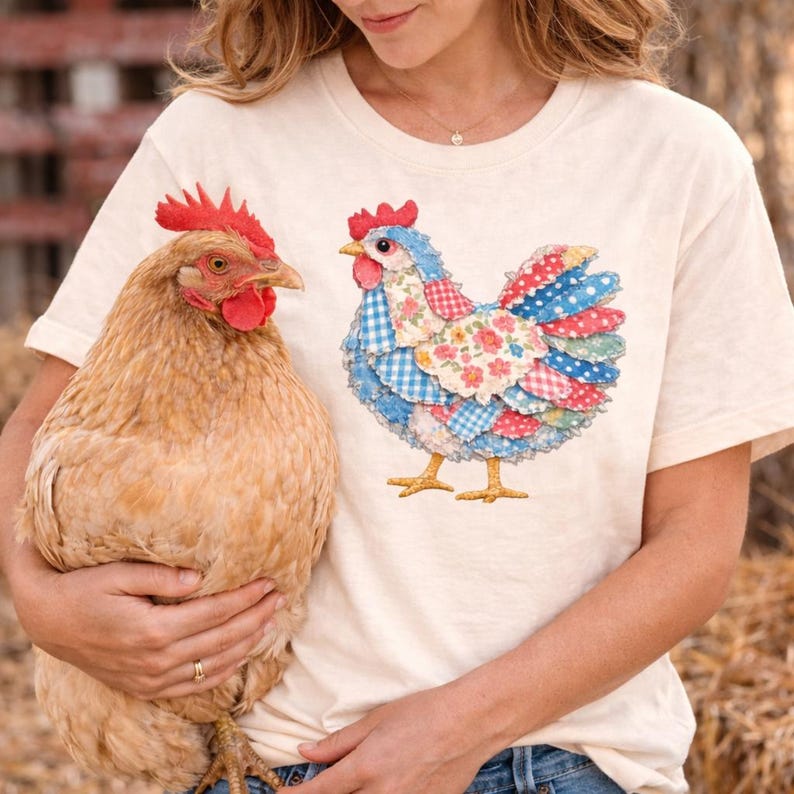 K&ouml;nnte beinhalten: Cremefarbenes T-Shirt mit einem farbenfrohen Patchwork-H&uuml;hnerdesign. Das Huhn hat blaue Vichy-, Blumen- und Tupfenmuster. Ein lebendes braunes Huhn wird vor dem T-Shirt gehalten, mit rotem Kamm und Kehllappen.