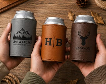 Personalized Leatherette Engraved Can Cooler with Initials | Custom Beer Can Holder | Bottle Holder | Bachelor Party | Groomsmen | Wedding