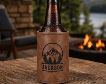 Custom Engraved Can Cooler| Personalized Groomsmen Gift | Faux Leather Beer Holder | Bachelor Party Gift | Best Man Gift | Wedding Favor