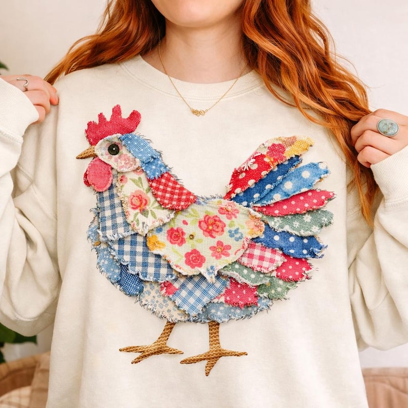 K&ouml;nnte beinhalten: Cremefarbenes Sweatshirt mit einem bunten Patchwork-Hahn-Design. Der Hahn besteht aus verschiedenen gemusterten Stoffen, darunter Blumenmuster, Vichy-Karo und Tupfen. Er hat einen roten Kamm und Kehllappen sowie gestickte braune Beine.