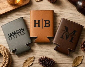 Personalized Leatherette Engraved Can Cooler with Initials | Custom Beer Can Holder | Bottle Holder | Bachelor Party | Groomsmen | Wedding