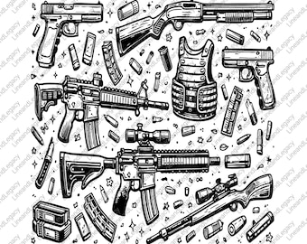 Tactical Firearms Seamless Pattern SVG PNG PDF | Gun Doodle Digital Paper | Ammo & Rifle Background | Sublimation Design | Tumbler Wrap
