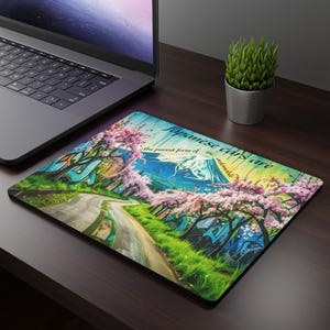 Puede incluir: Alfombrilla de ratón rectangular con una ilustración escénica de una carretera que serpentea a través de cerezos en flor y una montaña. El texto "Japanese cars are the purest form of the automobile" está impreso en la alfombrilla.