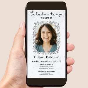 May include: A digital memorial invitation on a smartphone screen featuring a marble background, a central photograph of a smiling person framed by a black line-art floral wreath, and text reading Celebrating The Life Of Tiffany Baldwin.