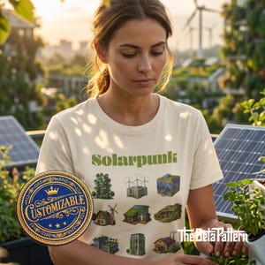May include: A cream-colored t-shirt with the word "Solarpunk" in green, featuring illustrations of eco-friendly buildings and renewable energy sources. A customizable patch is visible on the left. The Beta Pattern logo is on the bottom right.