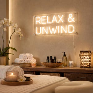 May include: A rectangular neon sign mounted on a wall with the text RELAX & UNWIND in glowing warm white light. The sign is secured with four silver metal standoffs at the corners and features a thin power cord extending from the bottom right side.