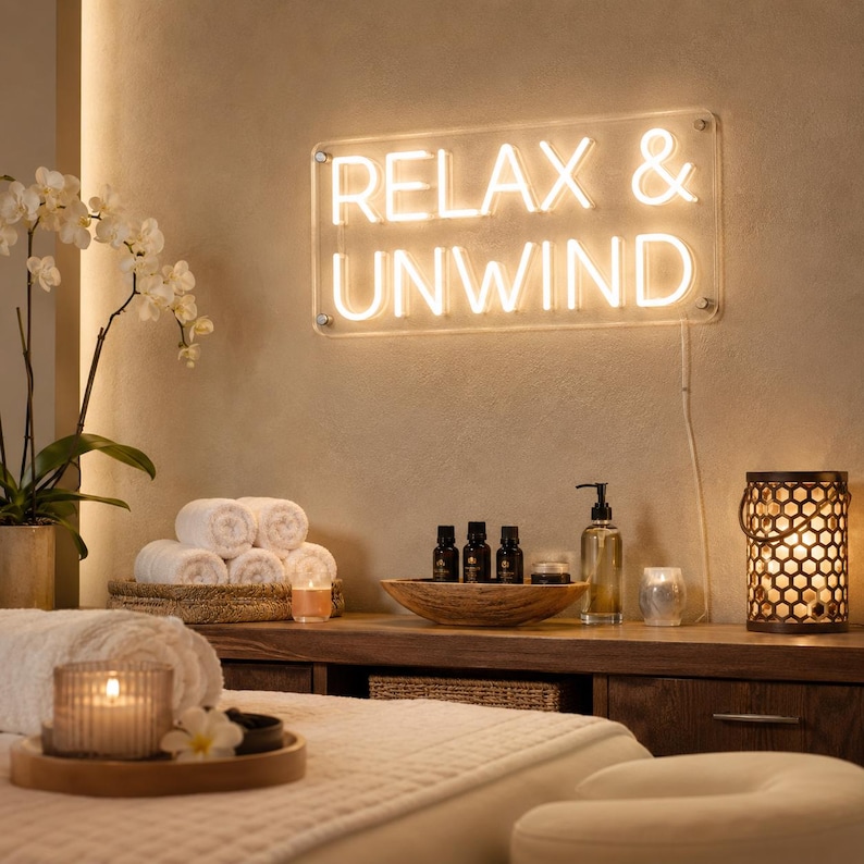 May include: A rectangular neon sign mounted on a wall with the text RELAX & UNWIND in glowing warm white light. The sign is secured with four silver metal standoffs at the corners and features a thin power cord extending from the bottom right side.
