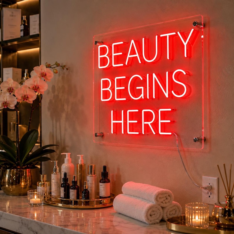 May include: A rectangular clear acrylic sign with bright red neon lettering that reads BEAUTY BEGINS HERE. The sign is mounted with four silver hardware standoffs and is illuminated against a wall, featuring a power cord extending to a wall outlet.