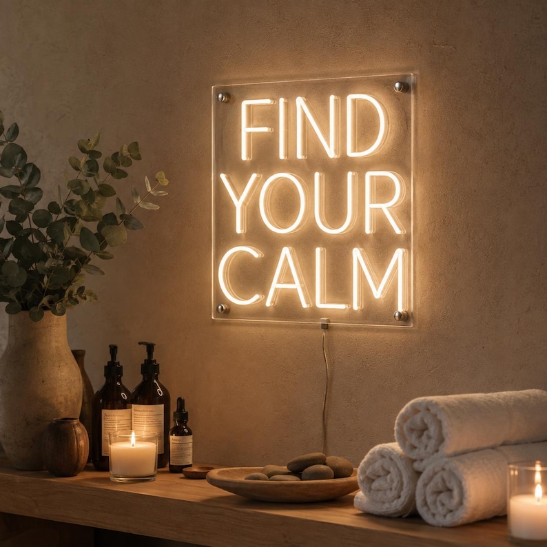 May include: A square, clear acrylic neon sign featuring the warm white illuminated text "FIND YOUR CALM" in a sans-serif font. The sign is mounted with four silver hardware standoffs and includes a thin power cord extending from the bottom edge.