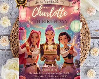 Editable Kpop Demon Hunters Birthday Invitation Template, Editable Canva, Kpop Anime Invite, Digital Download, Printable Card for Kids