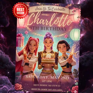 Editable Kpop Demon Hunters Birthday Invitation Template, Editable Canva, Kpop Anime Invite, Digital Download, Printable Card for Kids