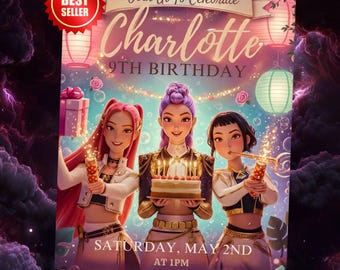 Modello modificabile per invito di compleanno Kpop Demon Hunters, Canva modificabile, invito anime Kpop, download digitale, biglietto stampabile per bambini