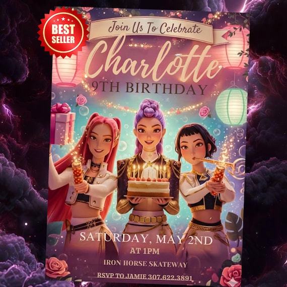 Editable Kpop Demon Hunters Birthday Invitation Template, Editable Canva, Kpop Anime Invite, Digital Download, Printable Card for Kids