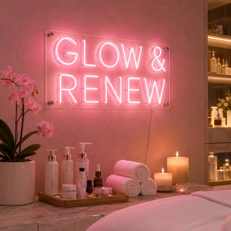 May include: A rectangular neon sign with pink glowing text that reads GLOW & RENEW, mounted on a clear acrylic panel with silver hardware. The sign is positioned above a collection of skincare bottles, white rolled towels, and lit candles.