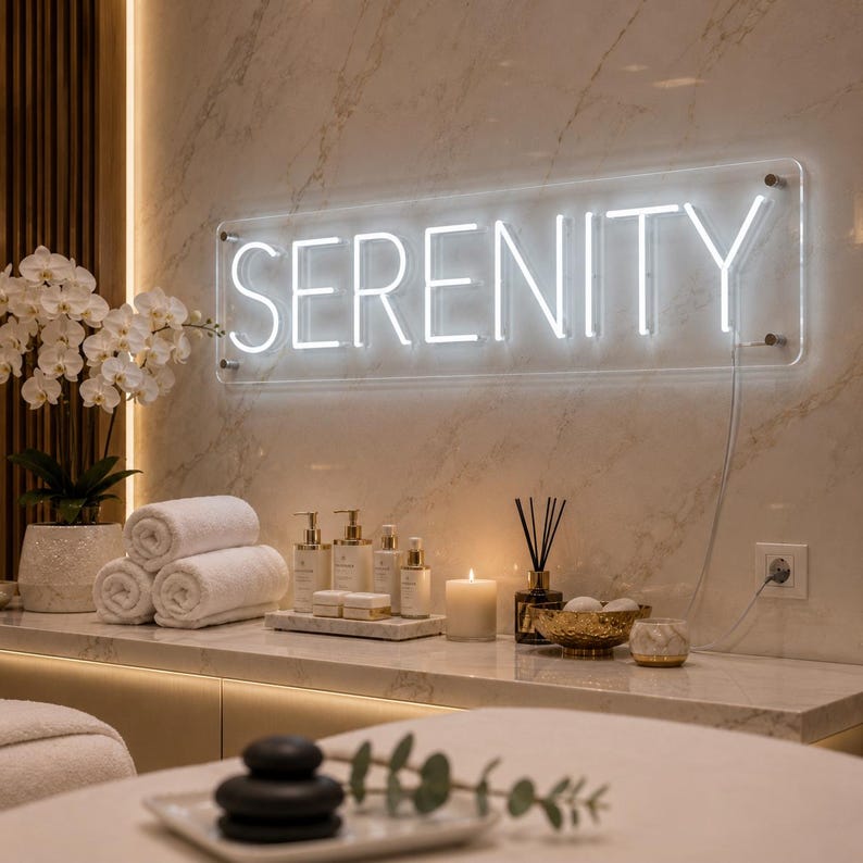 May include: A rectangular LED neon sign displaying the word SERENITY in white capital letters. The sign is mounted on a light-colored marble wall above a counter featuring white rolled towels, skincare bottles, a candle, and a small bowl.