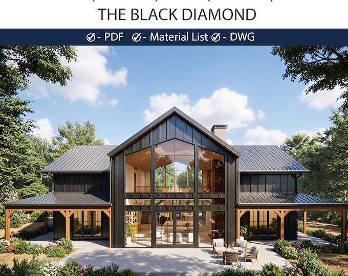 Featured listing image: Modern Barndominium Plans | 4 Bedroom Black Barn House Blueprints (PDF + CAD)