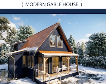 Modern Gable House Plans | 2 Bed 2 Bath Small Home (PDF + CAD Blueprints)