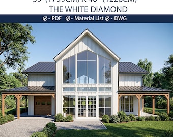 White Metal Barndominium Plans | 3 Bedroom Modern Farmhouse Blueprints (PDF + CAD)