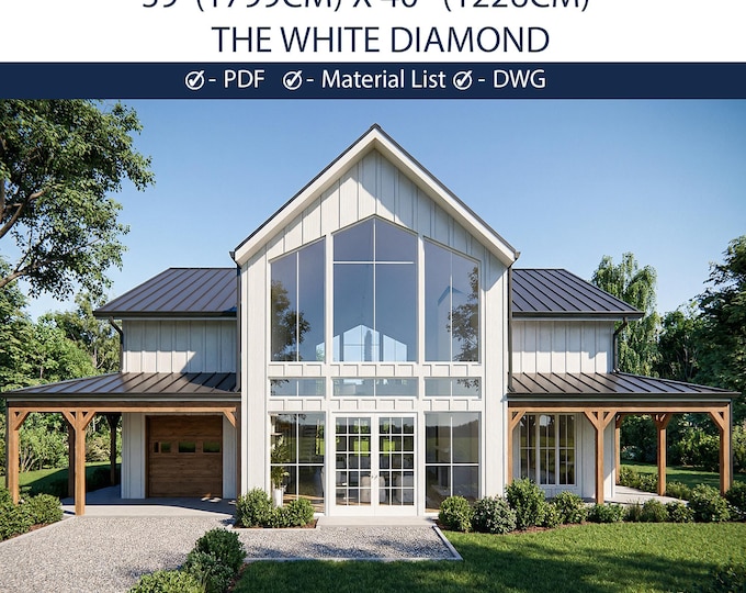 Featured listing image: White Metal Barndominium Plans | 3 Bedroom Modern Farmhouse Blueprints (PDF + CAD)