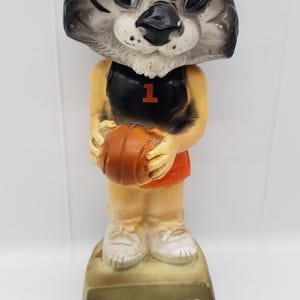 May include: A bobblehead figure of a panther mascot with a black head, wearing a black tank top with the number 1 in orange, orange shorts, and white sneakers. The figure holds a brown basketball and stands on a base with the text GO PANTHERS GO.
