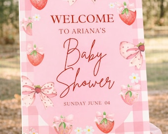Berry Sweet Baby Shower Welcome Sign | Strawberry Baby Shower Welcome Sign | Pink Gingham Strawberry Baby Shower Decor | Editable Baby Showe