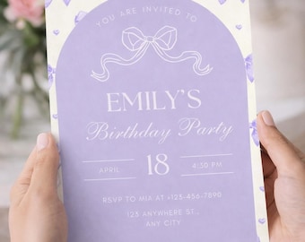 Purple Coquette Birthday Invitation | Lavender Bow Arch Invite | Editable Girl Birthday Party Template