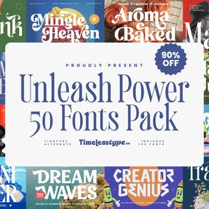 Può includere: Una grafica promozionale per un pacchetto di 50 font. Il design centrale presenta il testo "Unleash Power 50 Fonts Pack" in un carattere audace ed elegante. Intorno al testo centrale ci sono vari esempi di font, ognuno con uno stile e un design unici.