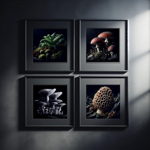 DIGITAL DOWNLOAD | Midnight Forest 4-Piece Gallery Wall Set, Moody Botanical Square Prints, Dark Academia Fungi Art Bundle, Forest Core Art