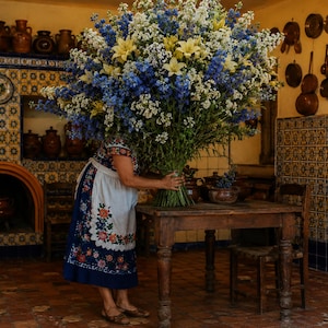 Puede incluir: Un gran y denso ramo de espuelas de caballero azules, flores blancas y lirios amarillo pálido sostenido por una persona que viste una falda azul oscuro con un delantal blanco con bordados florales coloridos, junto a una mesa de madera.