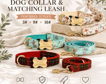 Könnte beinhalten: Drei Sets aus personalisierten Hundehalsbändern und passenden Leinen mit Blumen- und Karomustern. Jedes Halsband hat eine goldfarbene, knochenförmige Schnalle mit eingravierten Namen und Nummern. Text: PERSONALIZED DOG COLLAR & MATCHING LEASH.