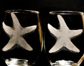 Verres à vin sans pied étoile de mer gravés à la main - Décoration de plage, lot de 2