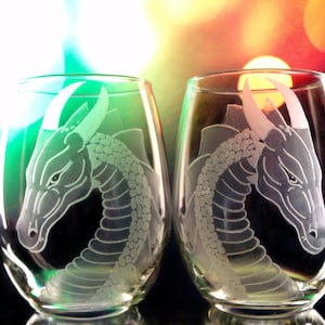 Engraved Dragon Stemless Wine Glass: Fantasy D&D Gift
