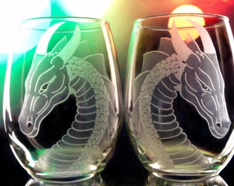 Dragon wine glasses ready to ship  wine glass set wine lovers gift Dragon wine glass  clear stemless wine glasses  Set of two house dragon