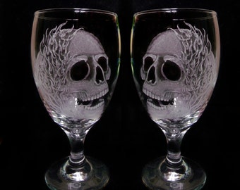 skull and flames goblet clear ready to ship wine goblet  Hand engraved wine glass set of two