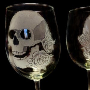 Hand Engraved Skull & Rose Stemless Wine Glasses - Set of 2