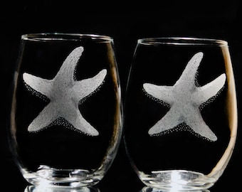 4 stemless starfish wine glasses  beach wine glass set  hand engraved glass star fish