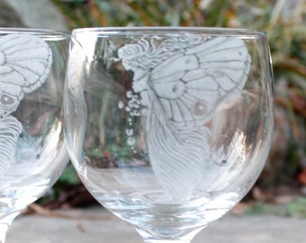 Hand Engraved Fairy Glassware , Stemware, custom etched barware fantasy decor fairy decor gift ideas  engraved wine glasses
