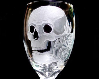 wine glasses skulls and roses set of two hand engraved glass water goblets  custom barware  gift ideas