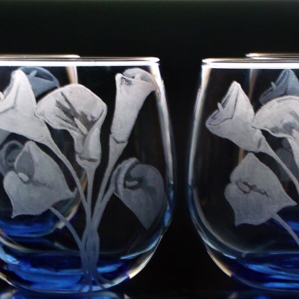 4 piece Calla lily wineglass set , stemless wine glass set  . gift ideas , gifts for her glassware bridesmaids